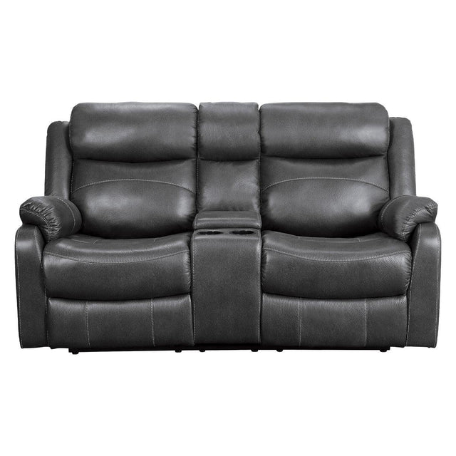 Front view of Yerba Dark Gray Microfiber Double Reclining Loveseat with Center Console