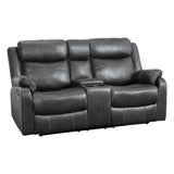 Side angle of Yerba Dark Gray Microfiber Reclining Loveseat showing reclining position