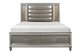 Bedroom view of Tamsin Silver Gray Faux Leather LED Storage Platform Bedroom Set bed