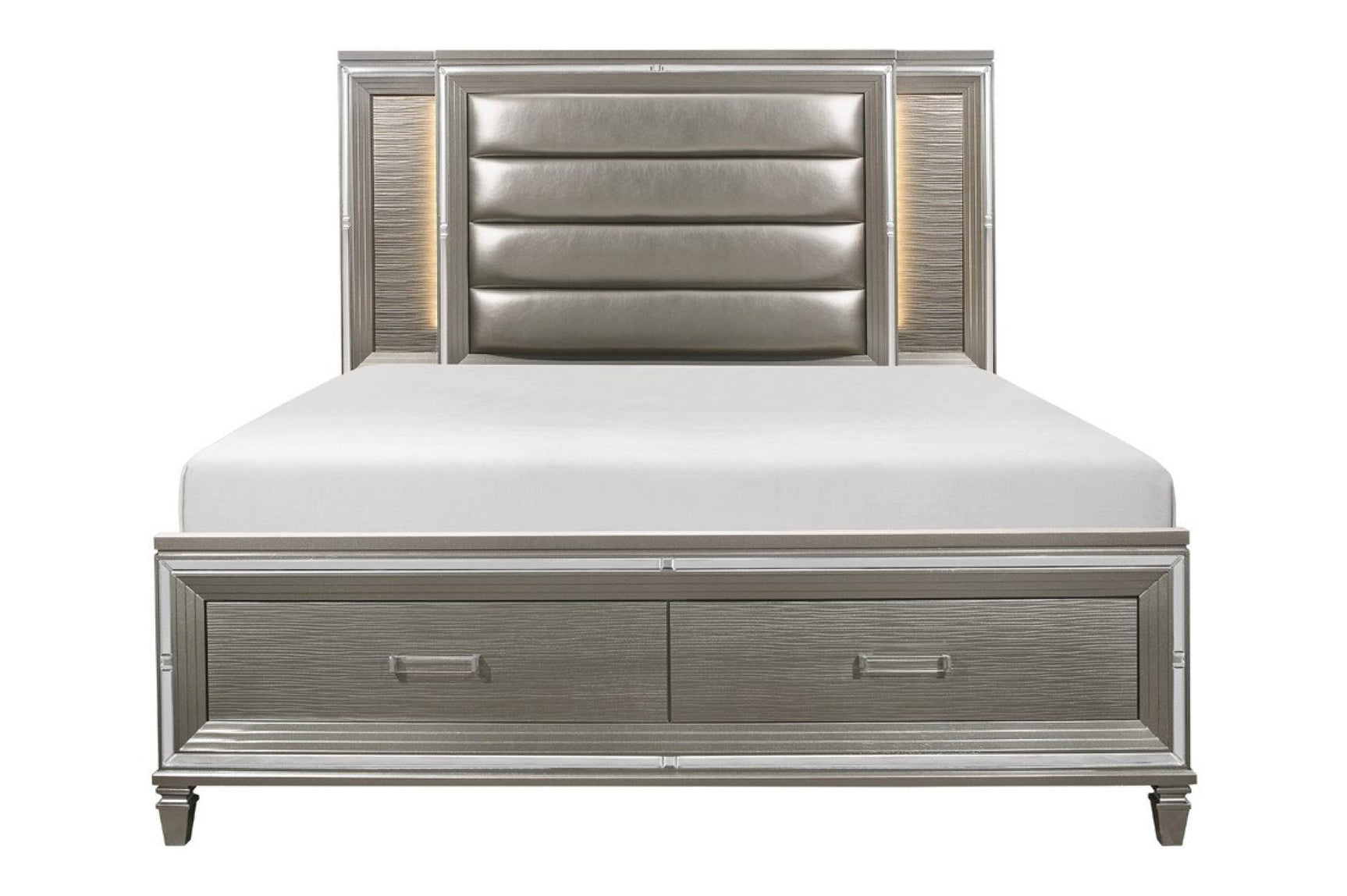Bedroom view of Tamsin Silver Gray Faux Leather LED Storage Platform Bedroom Set bed