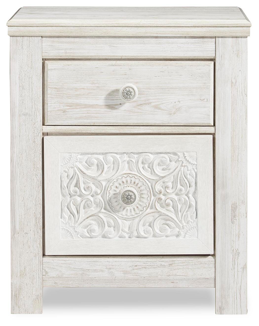 Paxberry Whitewash Two-Drawer Nightstand — front view