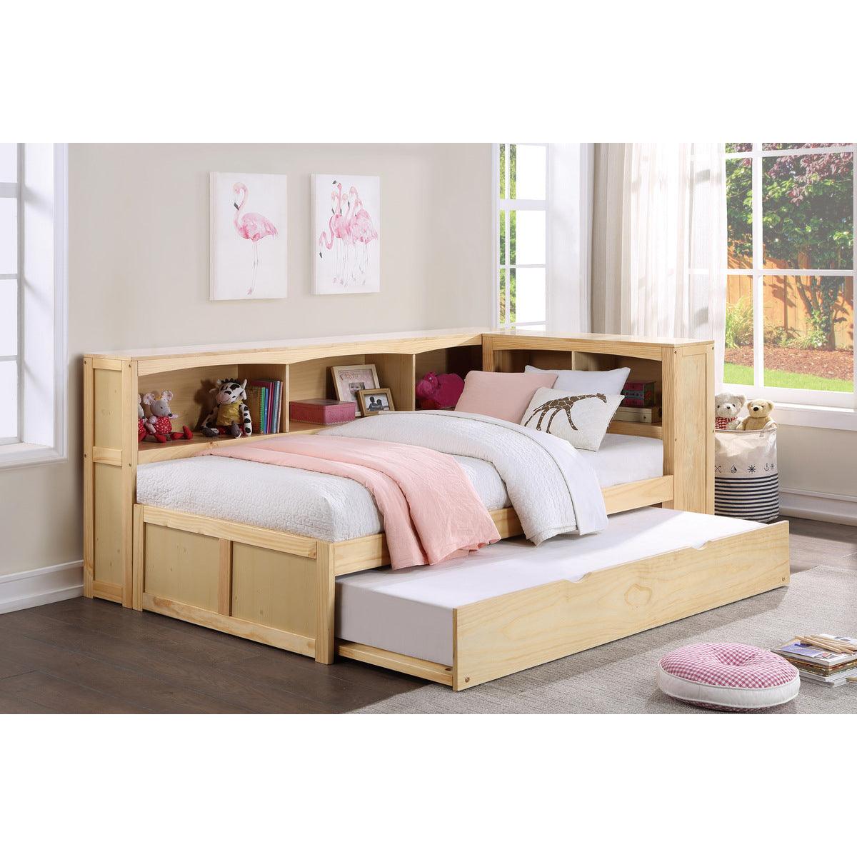 Bartly Natural Pine Pine Veneer, Wood, Engineered Wood Twin Bookcase Corner Bed With Twin Trundle - Ella Furniture