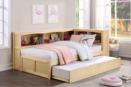 Bartly Natural Pine Twin Bookcase Corner Bed with Twin Trundle corner perspective