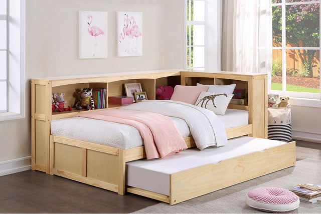 Bartly Natural Pine Twin Bookcase Corner Bed with Twin Trundle corner perspective