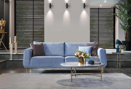 Merida Blue and Gold 3-Seater Sofa front view upholstery