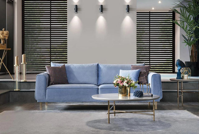 Merida Blue and Gold 3-Seater Sofa front view upholstery