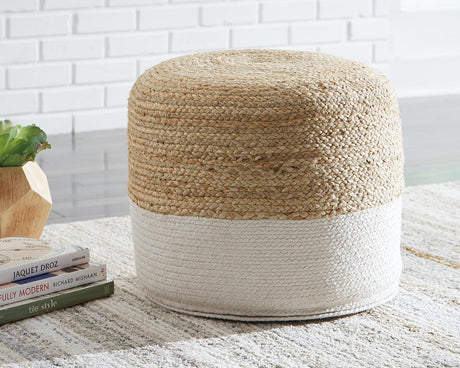 Sweed Valley Natural/white round pouf front view