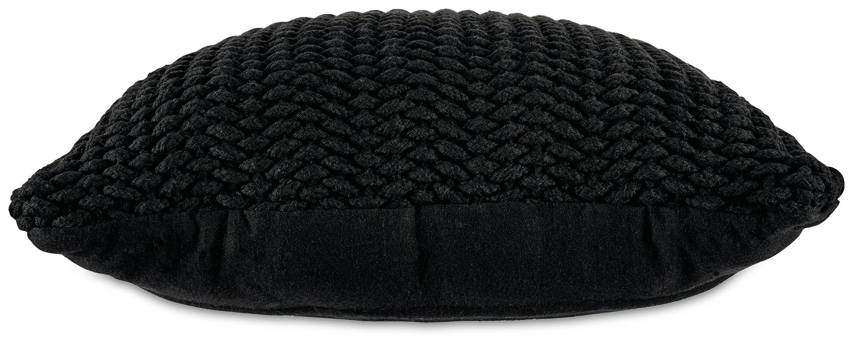 Back view of Renemore Black Pillow with plain black canvas reverse