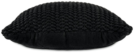 Back view of Renemore Black Pillow with plain black canvas reverse