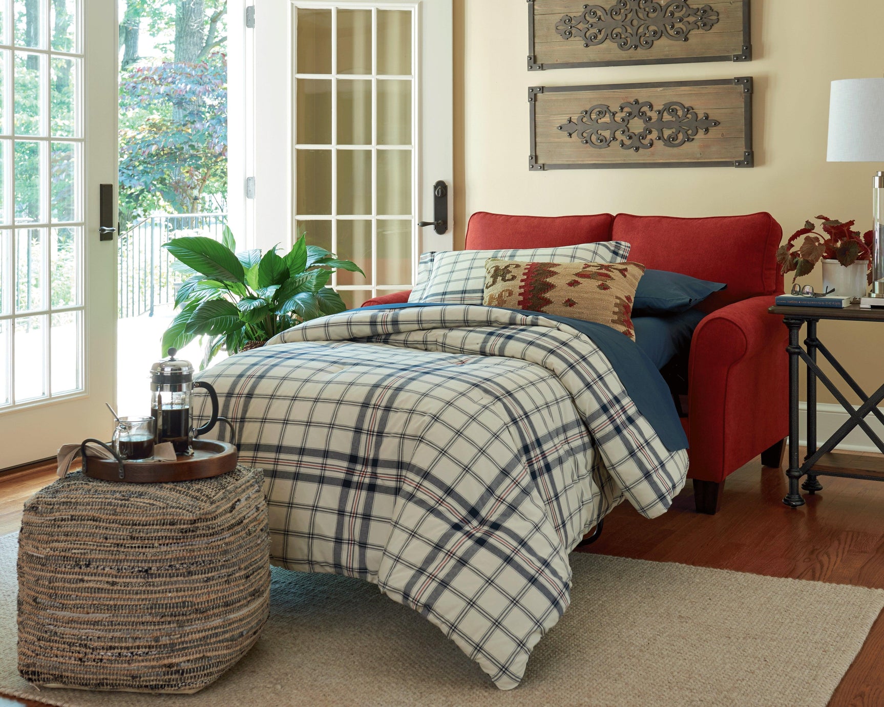 Close-up of Absalom Denim Pouf fabric and stitching