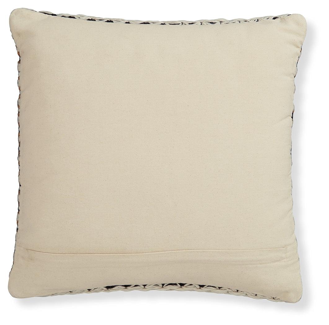 Side angle of Nealington brown black white pillow with zipper closure