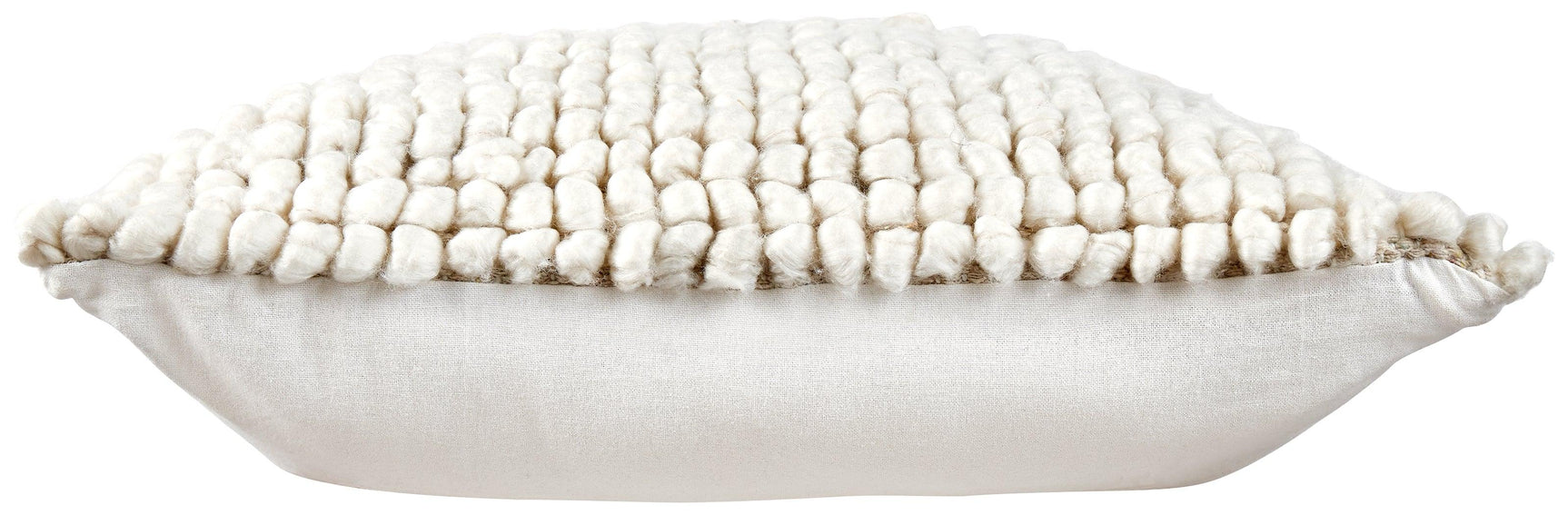 Side angle of Aavie Ivory decorative pillow with zipper closure visible