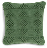 Side view of Rustingmere Green Pillow with handwoven texture