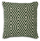 Side view of Digover green and ivory pillow with zipper closure