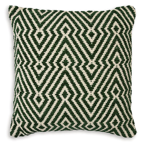 Side view of Digover green and ivory pillow with zipper closure