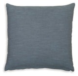 Side angle of Thaneville Blue Pillow highlighting thickness and fabric texture