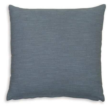 Side angle of Thaneville Blue Pillow highlighting thickness and fabric texture