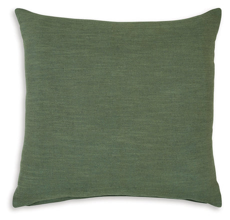 Close-up of fabric swatch highlighting cotton/linen blend in green color