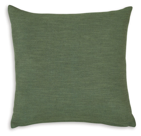Side view of Thaneville Green Pillow showing knife edge detail