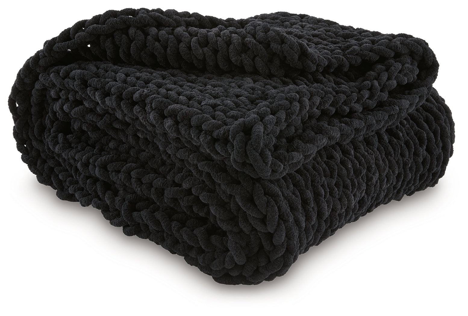 Close-up of hand-knitted texture on black chenille throw