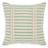 Side angle of Rowton white and green striped pillow