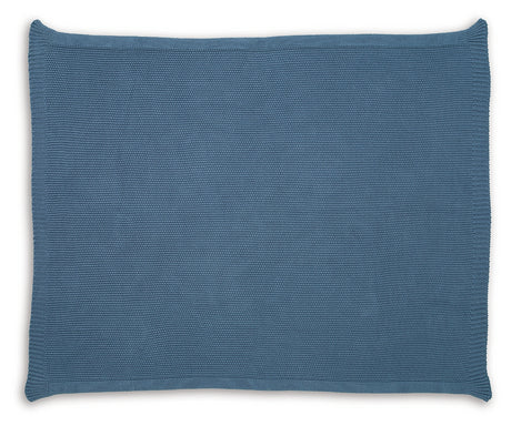Close-up of medium blue cotton fabric texture on Gayelery throw
