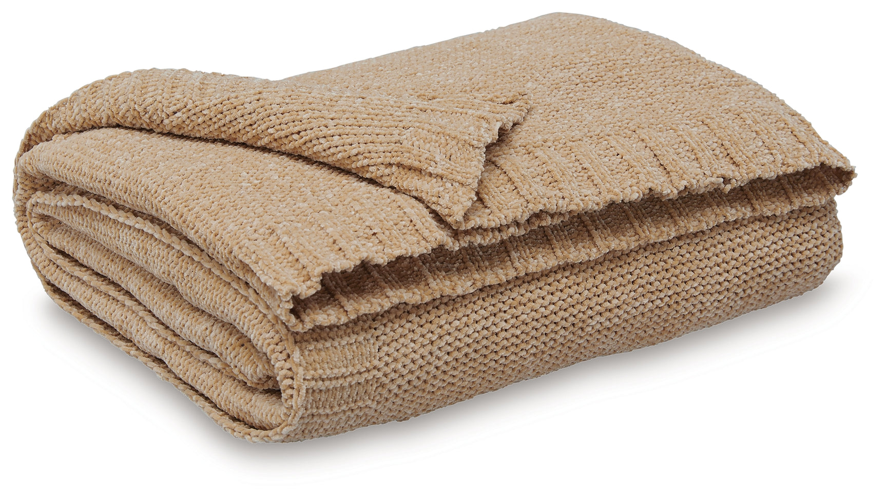Close-up of gold chenille fabric texture on throw