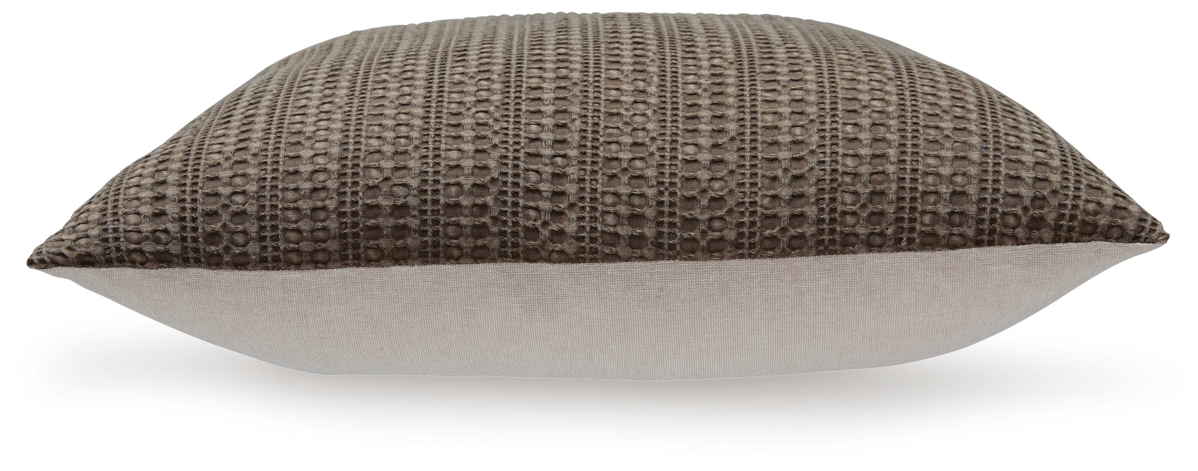Landcher Brown Pillow back view showing solid tan reverse