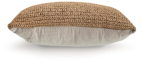 Back view of Habenvale tan pillow showing solid beige cotton reverse