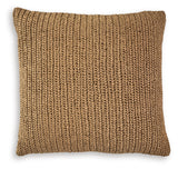 Close-up side view of Habenvale tan pillow with handwoven texture