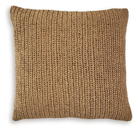 Close-up side view of Habenvale tan pillow with handwoven texture
