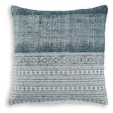 Side view of Harperville blue and white pillow