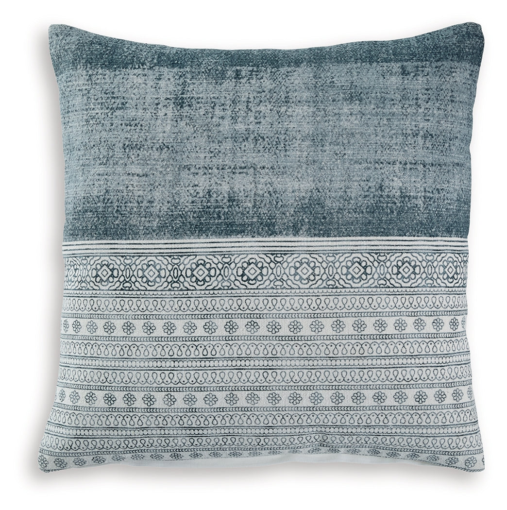 Side view of Harperville blue and white pillow
