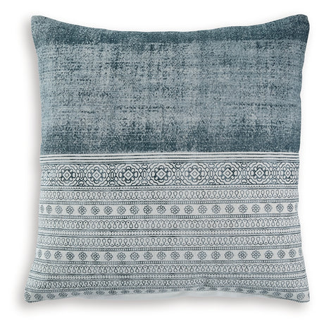 Side view of Harperville blue and white pillow