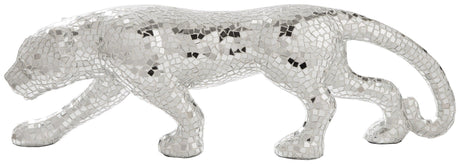 Close-up detail of mirrored mosaic panther sculpture
