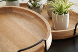 Close-up detail of Jocelyne brown wood tray with black metal handle