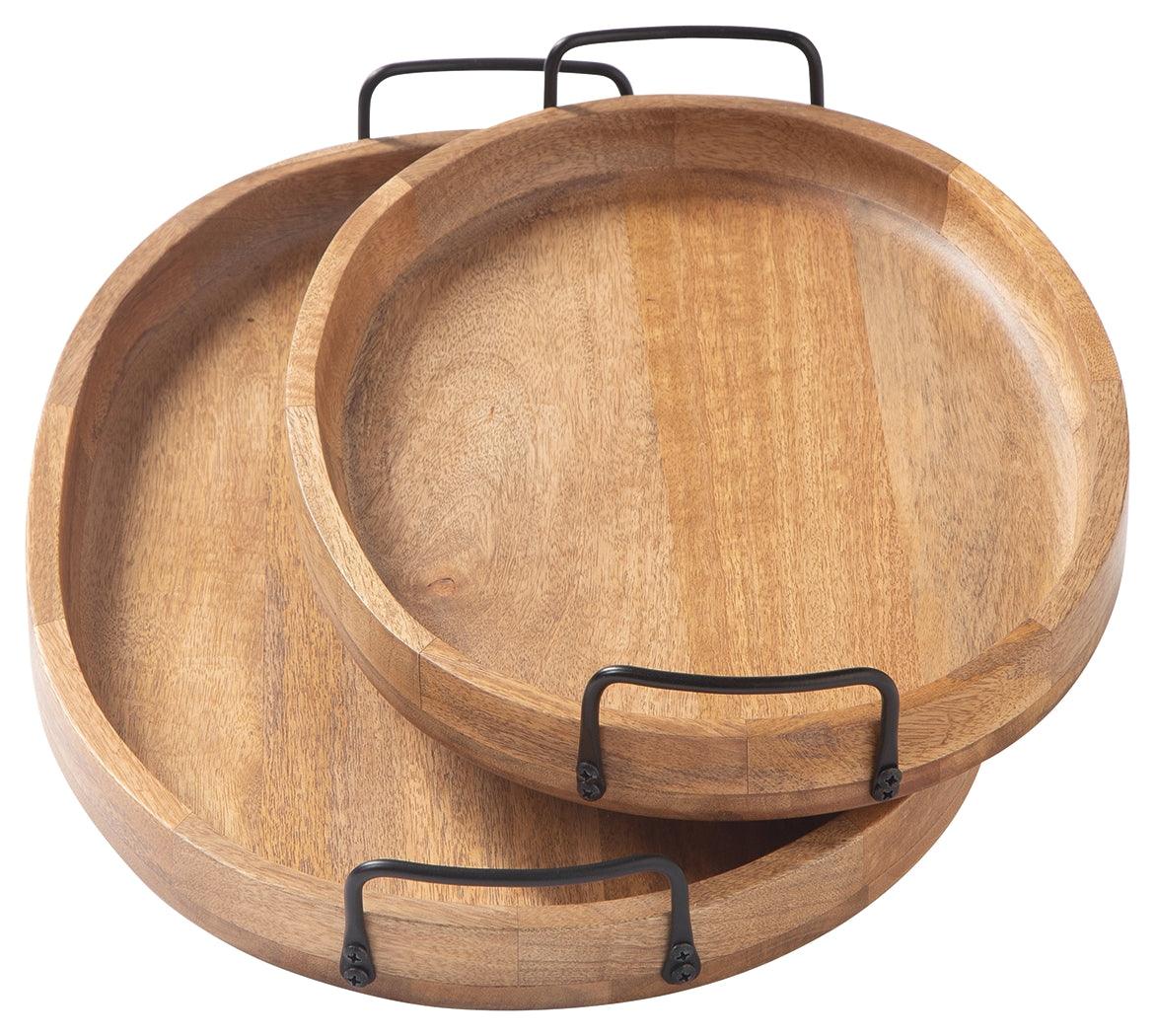 Side view of Jocelyne brown wood tray with black metal handle