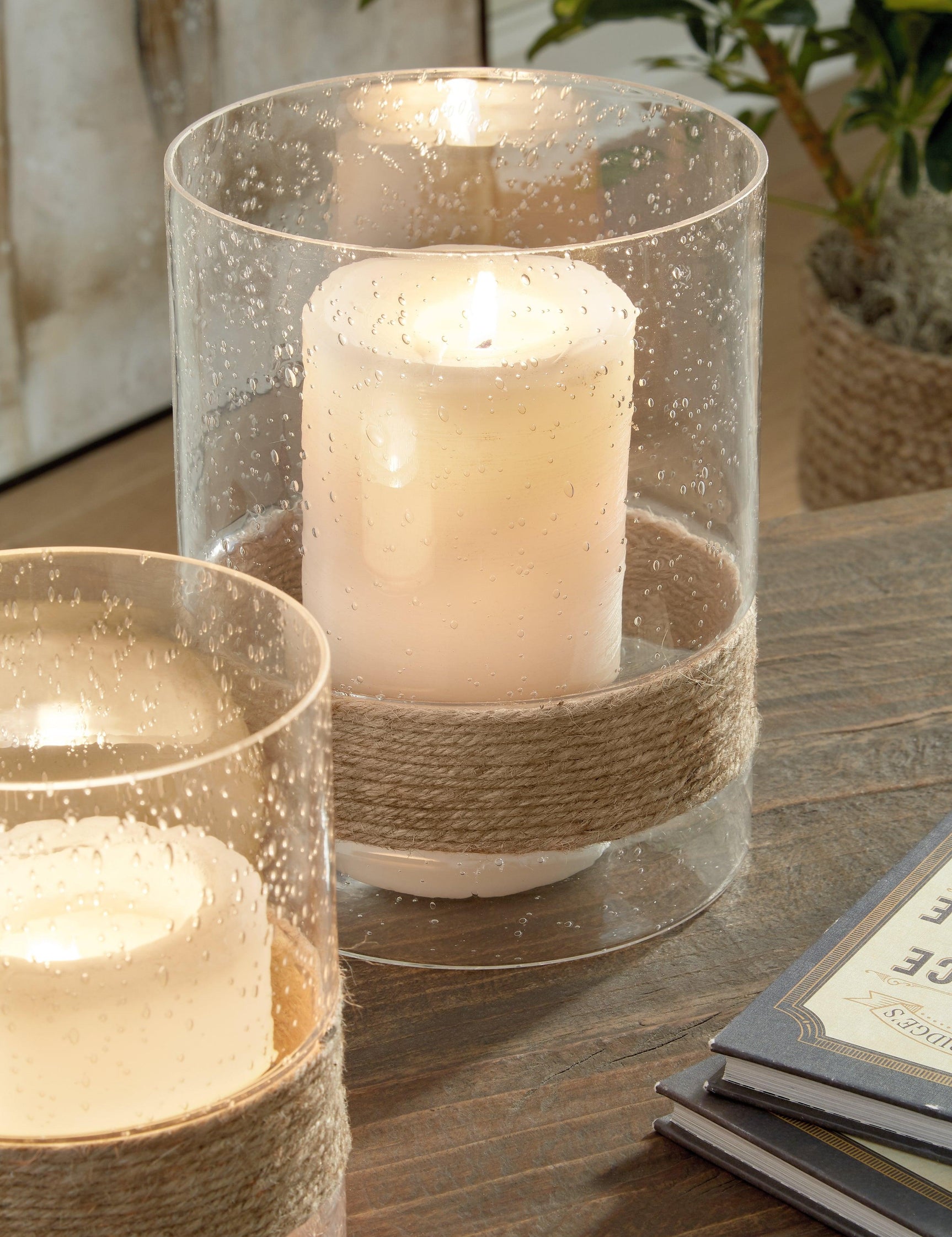 Close-up of hemp rope detail on Eudocia clear seeded glass candle holder