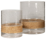 Eudocia large clear seeded glass candle holder with hemp rope base side angle