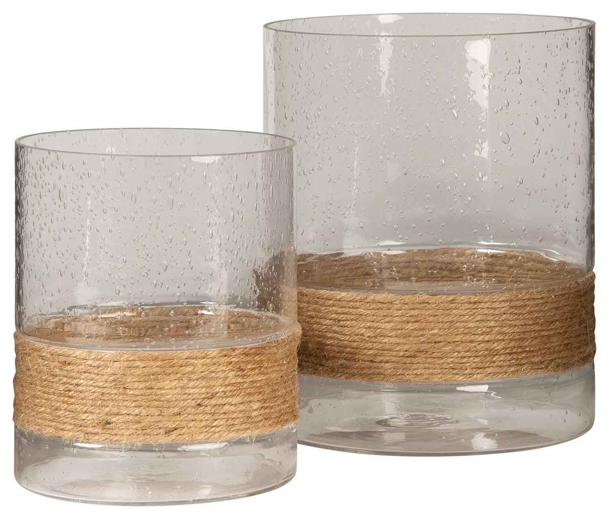Eudocia large clear seeded glass candle holder with hemp rope base side angle