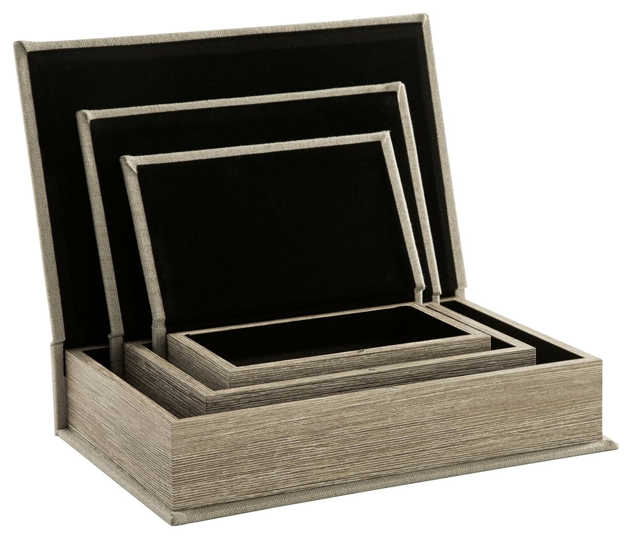 Jolina Linen Boxes open showing black velvet lining