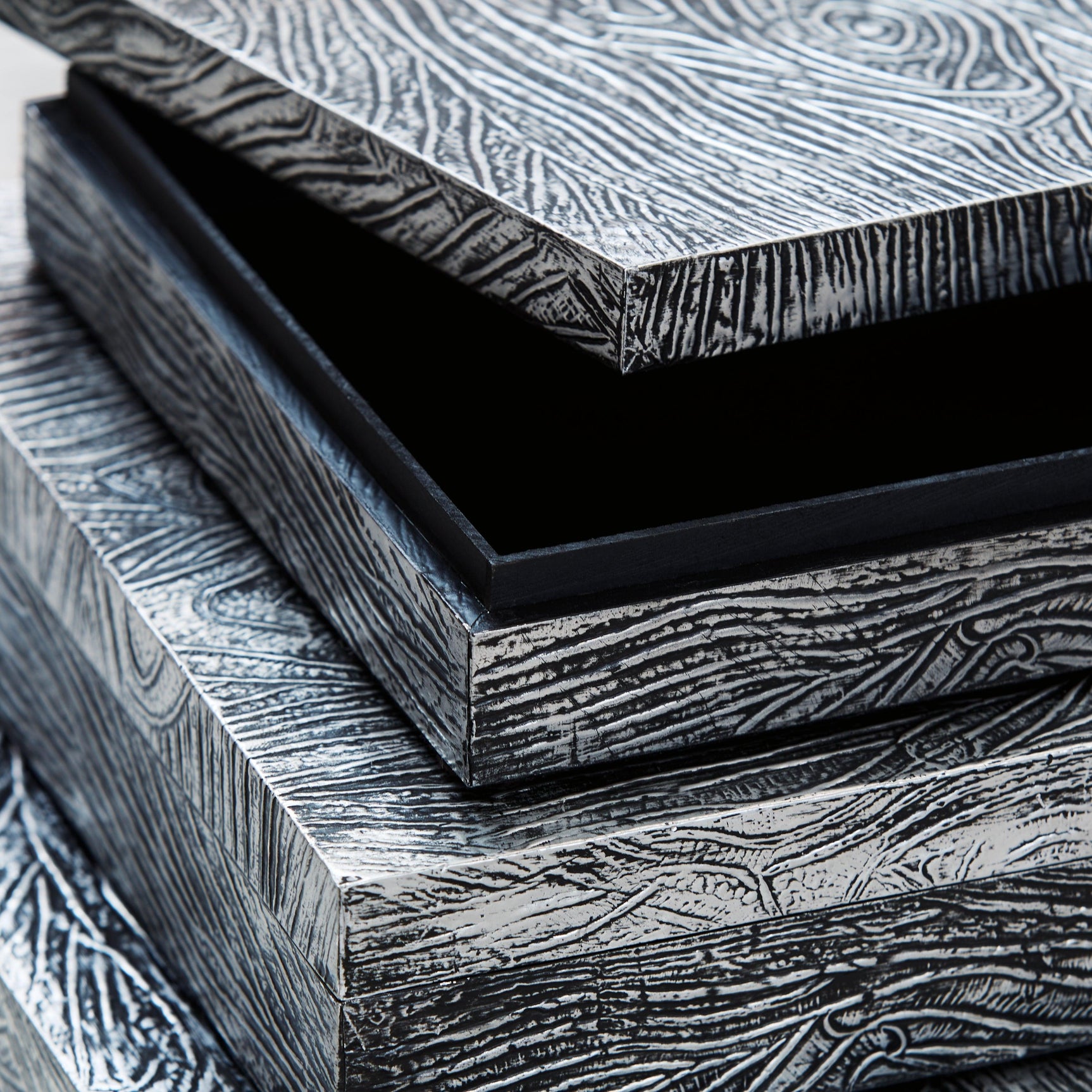 Keldy set of 3 antique pewter finish decorative boxes, finish close-up