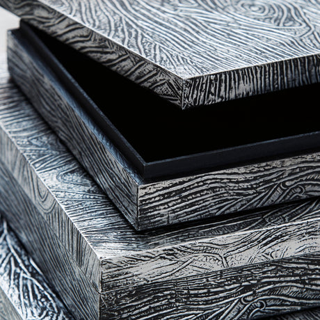 Keldy set of 3 antique pewter finish decorative boxes, finish close-up