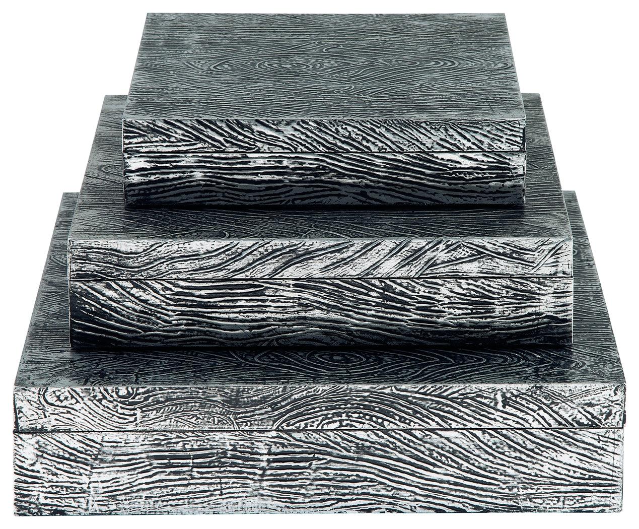 Keldy set of 3 antique pewter finish decorative boxes, head-on open view