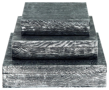 Keldy set of 3 antique pewter finish decorative boxes, head-on open view
