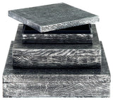 Keldy set of 3 antique pewter finish decorative boxes, detail close-up