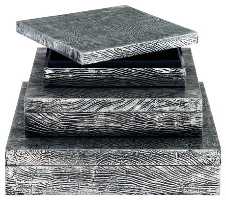Keldy set of 3 antique pewter finish decorative boxes, detail close-up