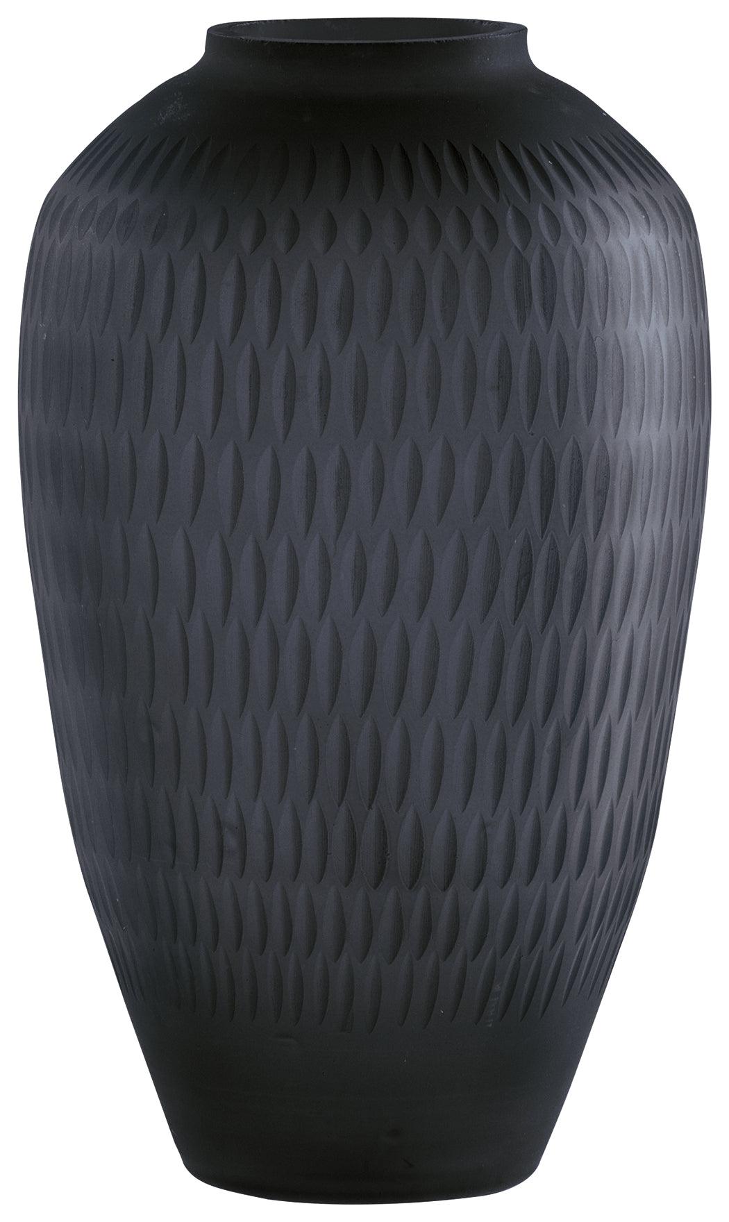 Close-up of Etney vase slate finish and textured glass