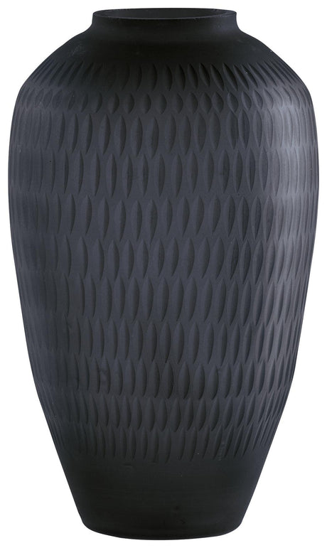 Close-up of Etney vase slate finish and textured glass