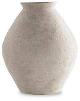Side angle of Hannela Antique Tan Vase highlighting artisanal rings
